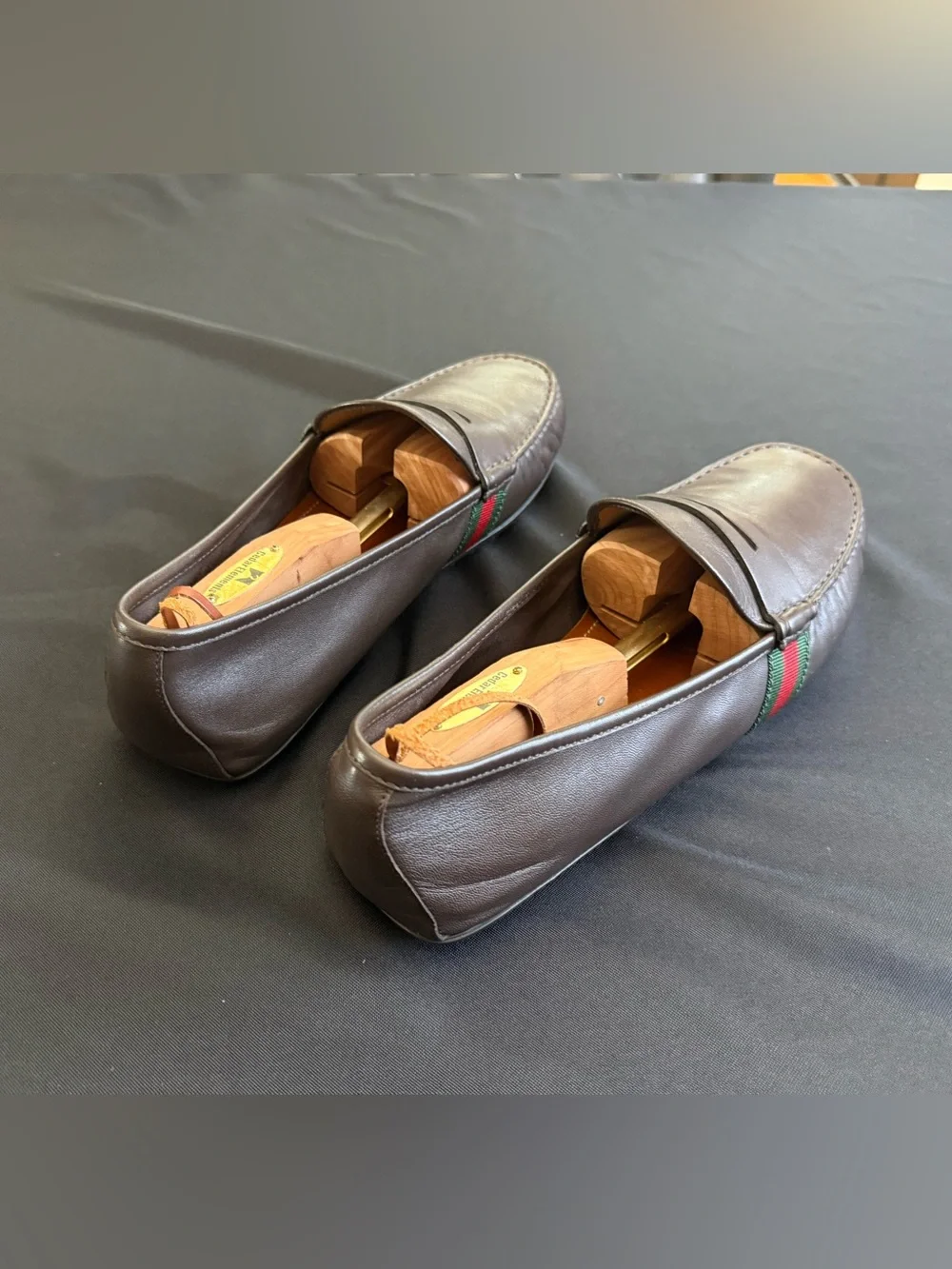 Classic Brown Gucci Leather Penny Loafers with Green-Red Accent Gucci Size 12D
